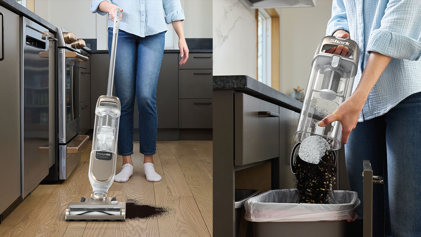 Shark FreeStyle Pro Cordless Upright Vacuum SV2000UK — emptying the dust cup straight into the bin